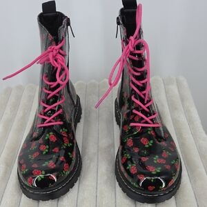 Betsey Johnson Black Patent Floral Lace-Up Boots with Pink Laces